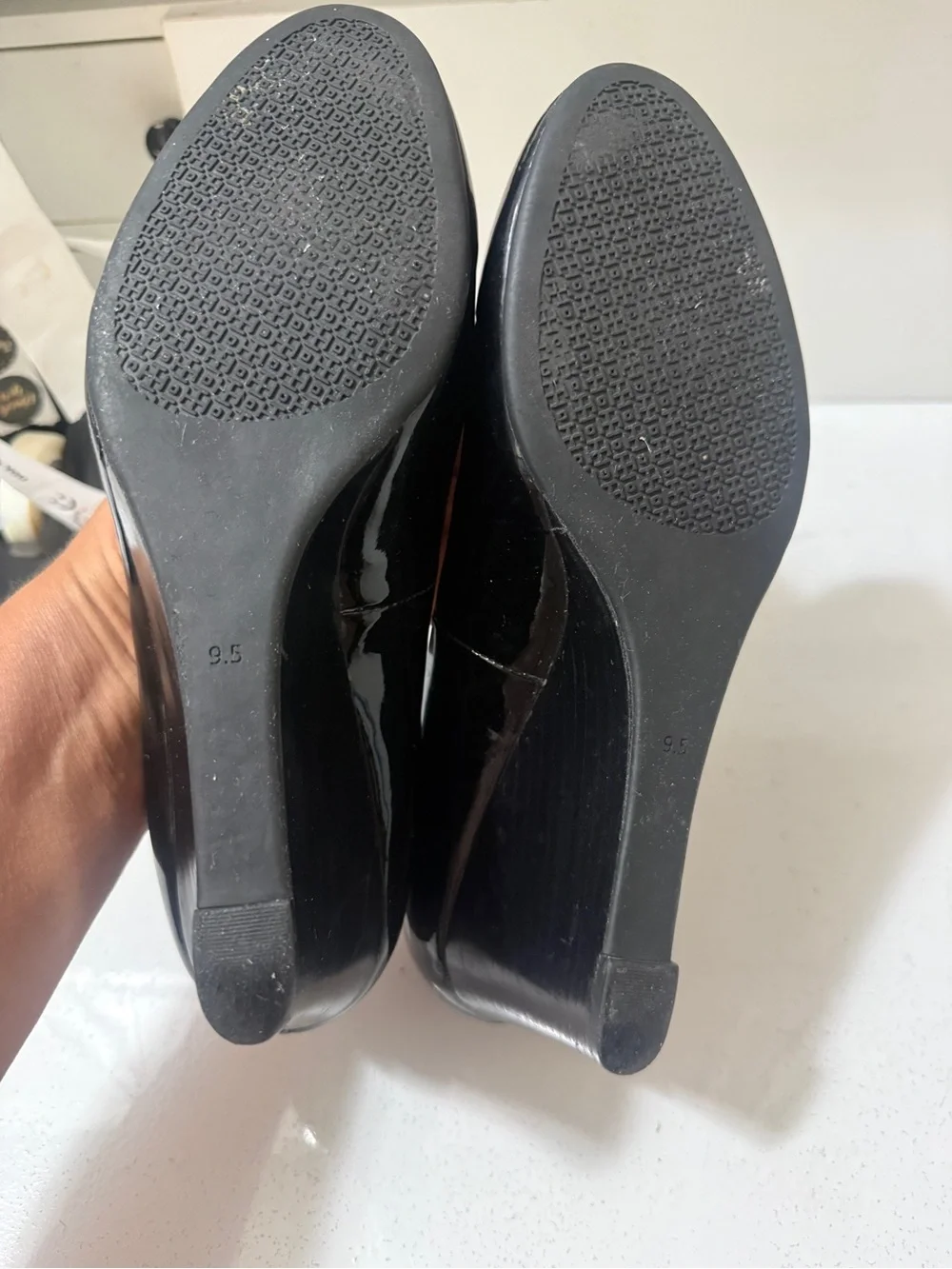 Tory Burch Black Patent Leather Wedge Flats with Gold Logo Medallions